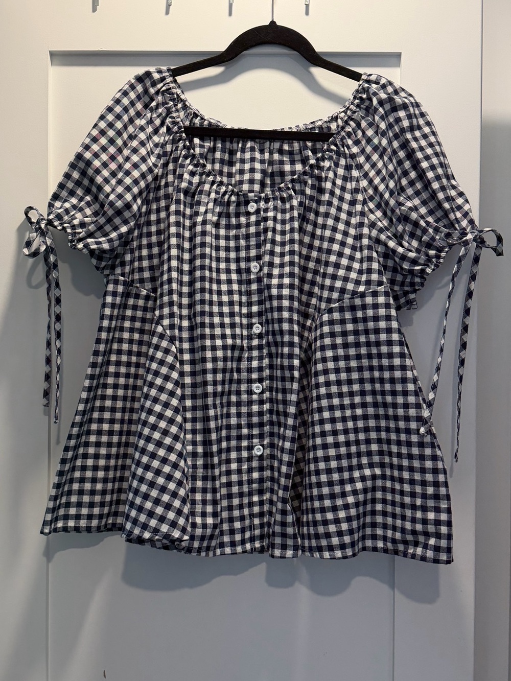 Navy Gingham Button-Front Top